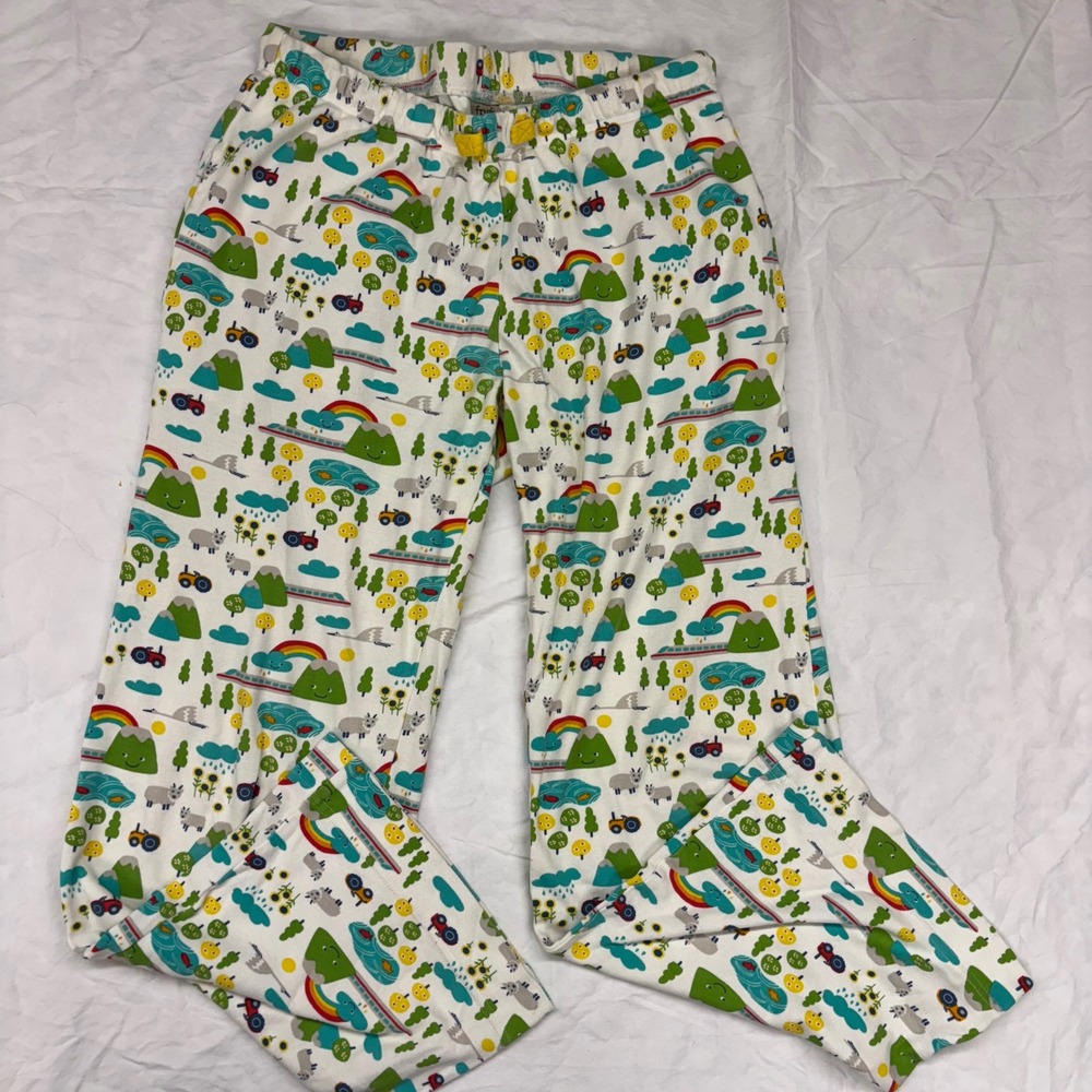 Frugi Organic Cotton Pajama Pants Womens UK 8 EU 36 Rainbow Tractor Print Multi
